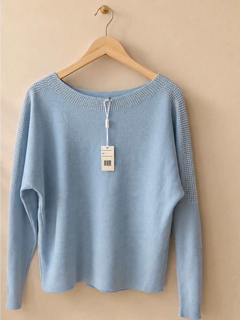 Light Blue Beaded Scoop-Neck Women's  light blue Sweater - Picture 2 of 4
